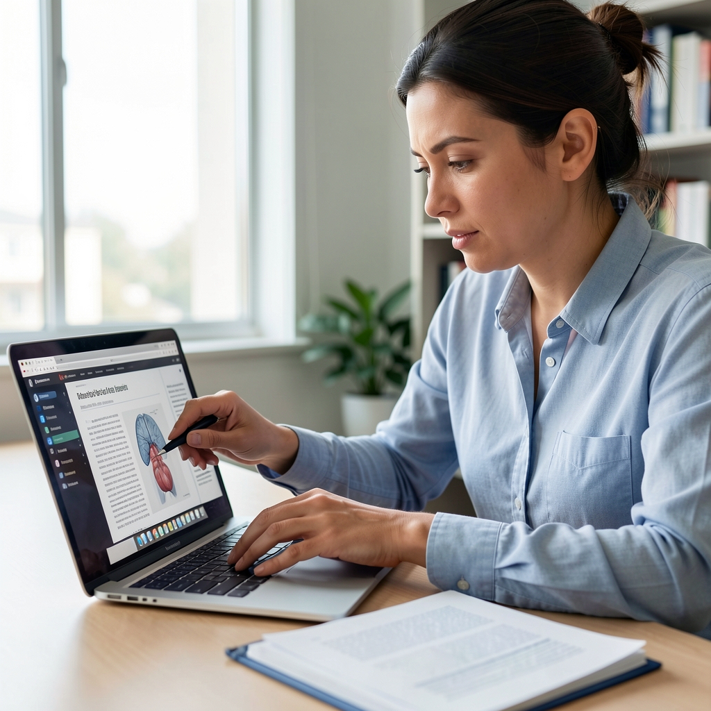 Research editor cross-checking a physiology article against reference material on a laptop