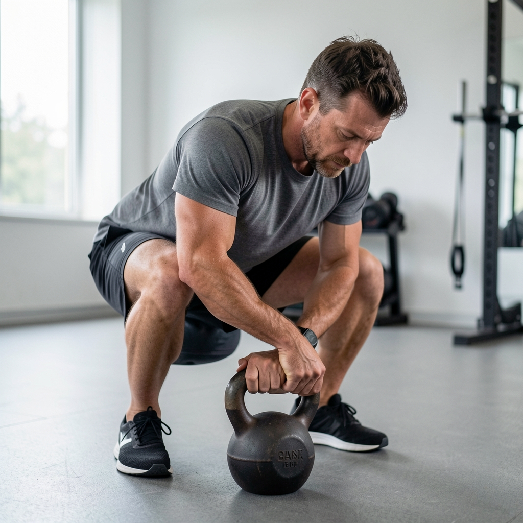 Close view of an experienced male trainee performing a careful kettlebell hinge in a clean training space