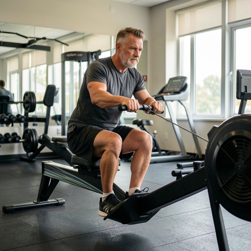 Man over 35 using a rowing machine with measured technique in a quiet gym