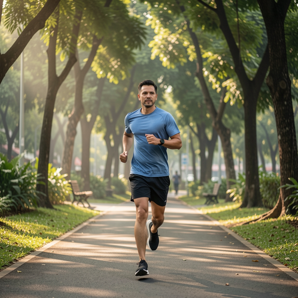 Man aged 40 jogging at an easy pace through a shaded Jakarta park in the morning