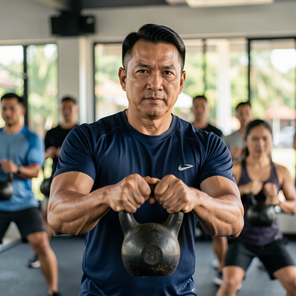 Senior strength coach demonstrating a kettlebell swing technique to a group in a Jakarta training studio