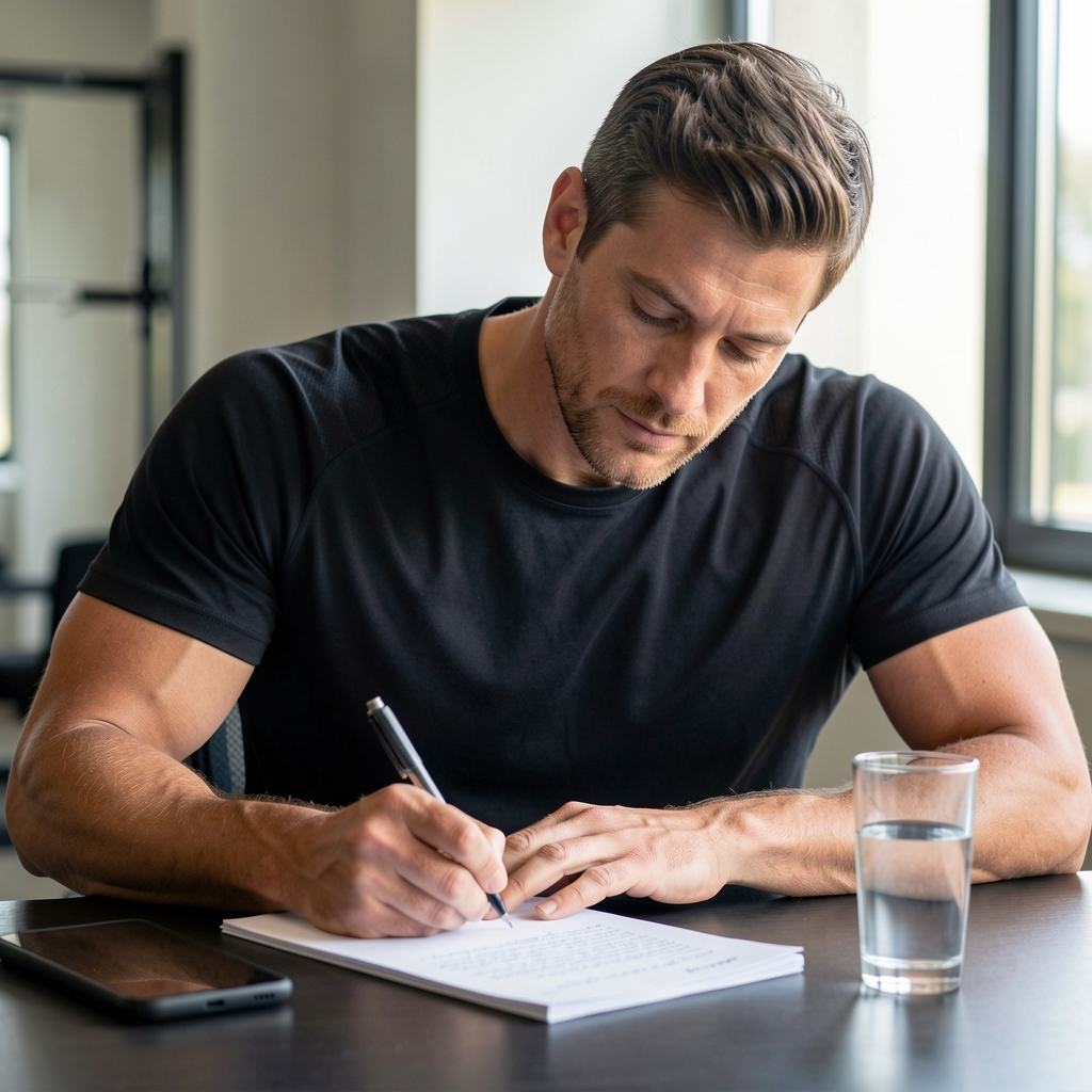 Man in his late thirties writing recovery notes beside a glass of water after training