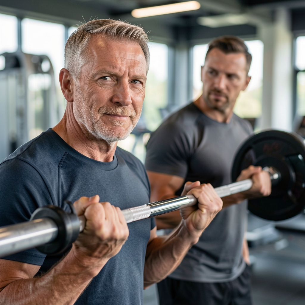 Mature male athlete practicing controlled barbell strength training beside a coach in a modern gym