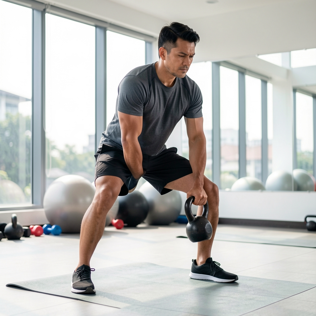 Man aged 38 performing functional strength training with kettlebells in a bright Jakarta studio, focused on form and endurance