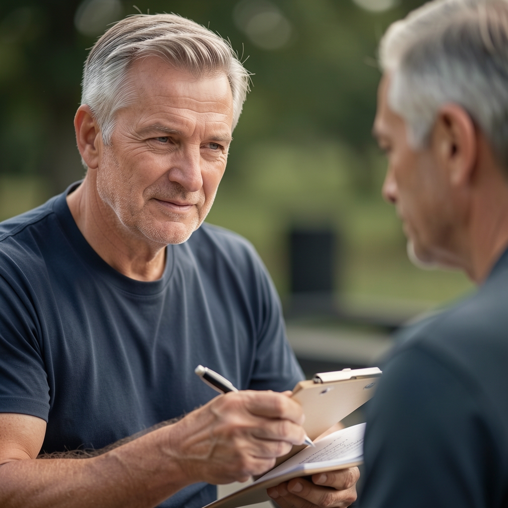 Experienced coach reviewing movement notes with a mature male trainee in a quiet studio