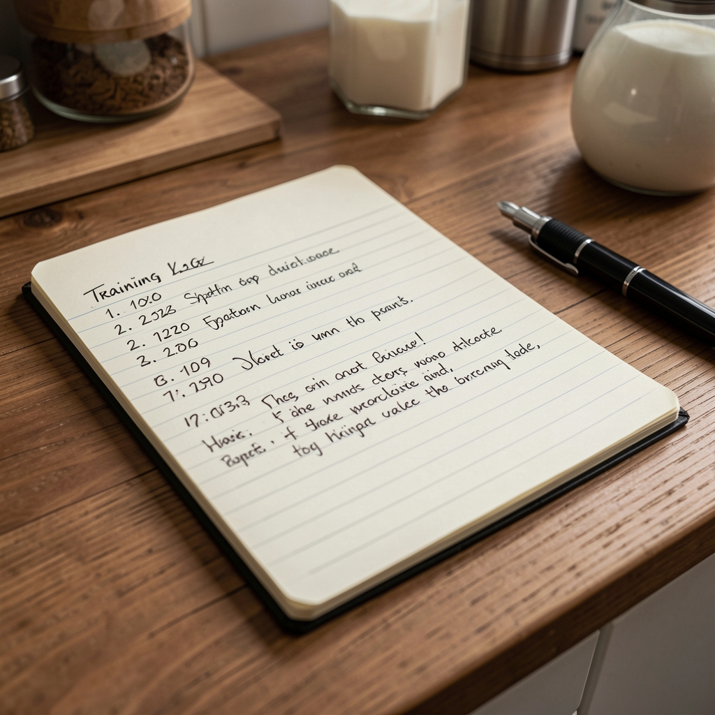 Close-up of a handwritten training log with dates, exercises, and brief notes on a kitchen table