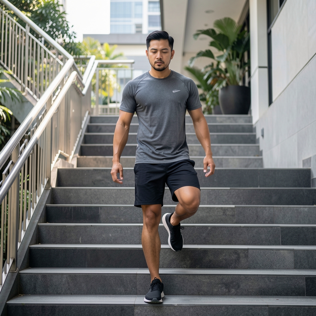 Man in his late thirties pausing midway up an outdoor staircase during a conditioning session in Jakarta