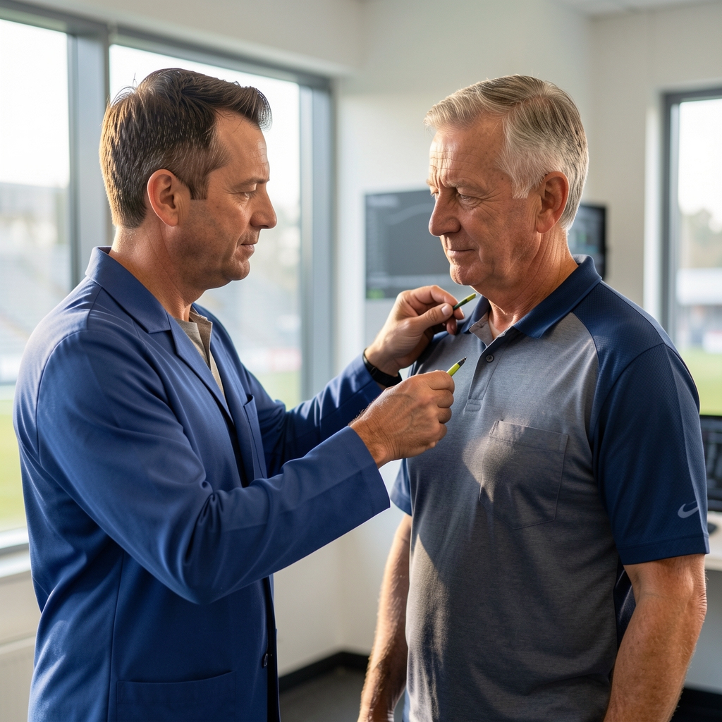 Sports scientist measuring a middle-aged man's cycling effort in a professional performance laboratory