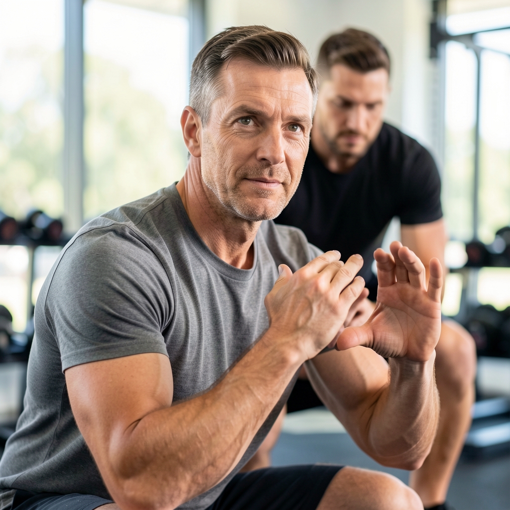 Man aged 40 learning a foundational squat pattern with a trainer in a bright gym