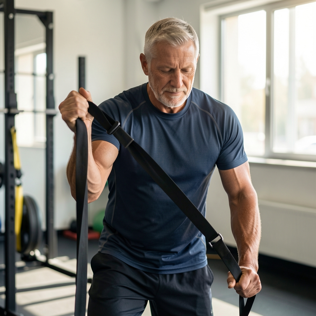 Mature male athlete performing a gentle rehabilitation-inspired movement beside resistance bands