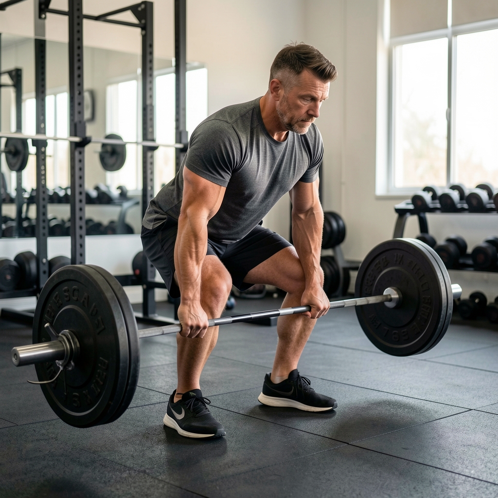 Man in his forties performing a technically careful deadlift with a moderate barbell load