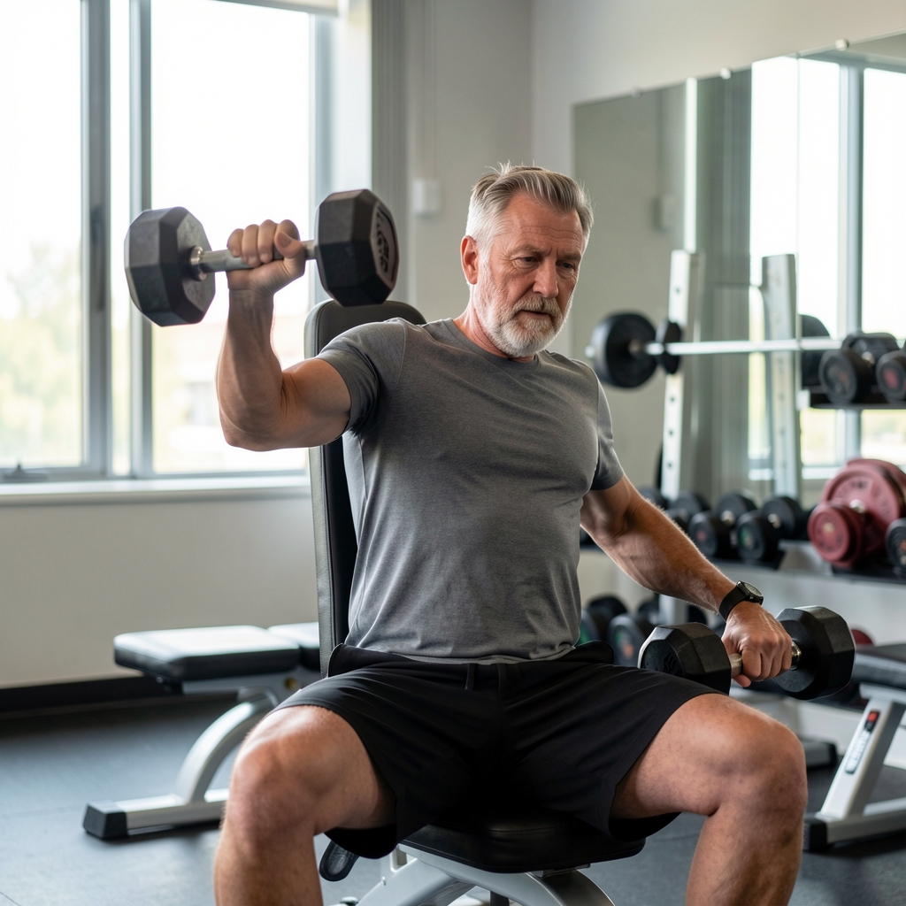 Male trainee over 35 completing a single-arm dumbbell press while seated with stable posture