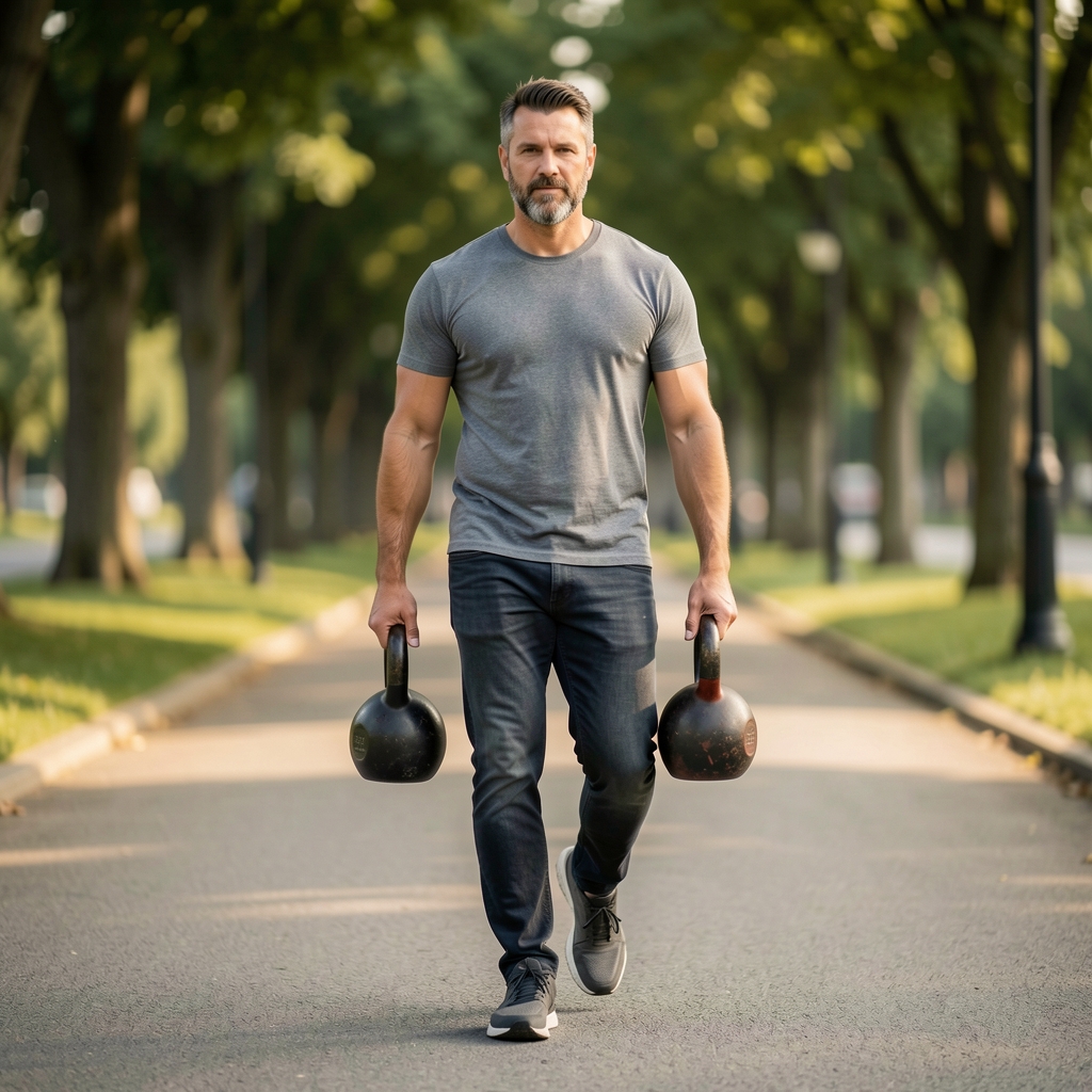 Man aged 42 walking with two moderately loaded kettlebells while maintaining an upright posture